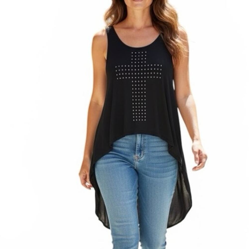 Chloe K Black High Low Studded Cross Tank Top Women’s Large Rayon Boho